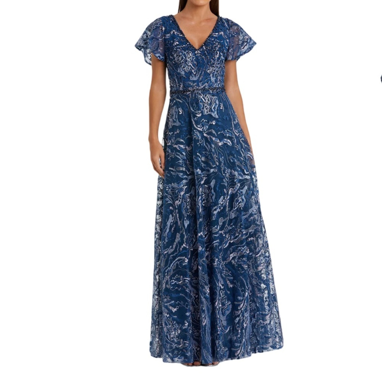 Mac Duggal Navy Embellished Illusion Butterfly Sleeve A-Line Gown Women’s Sz 8